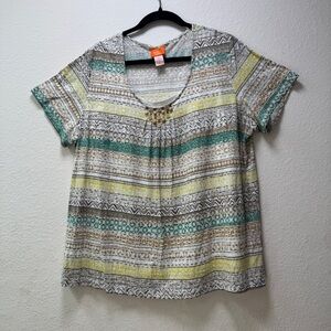 Hearts of Palm Green and Yellow Graphic Short Sleeve Blouse